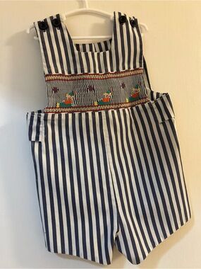 Navy and White Striped Smocked Shortall with Embroidered Clowns
